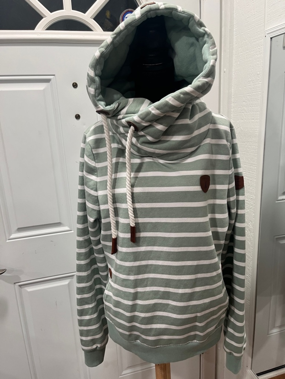Sage Green and White Striped Crewneck Hoodie